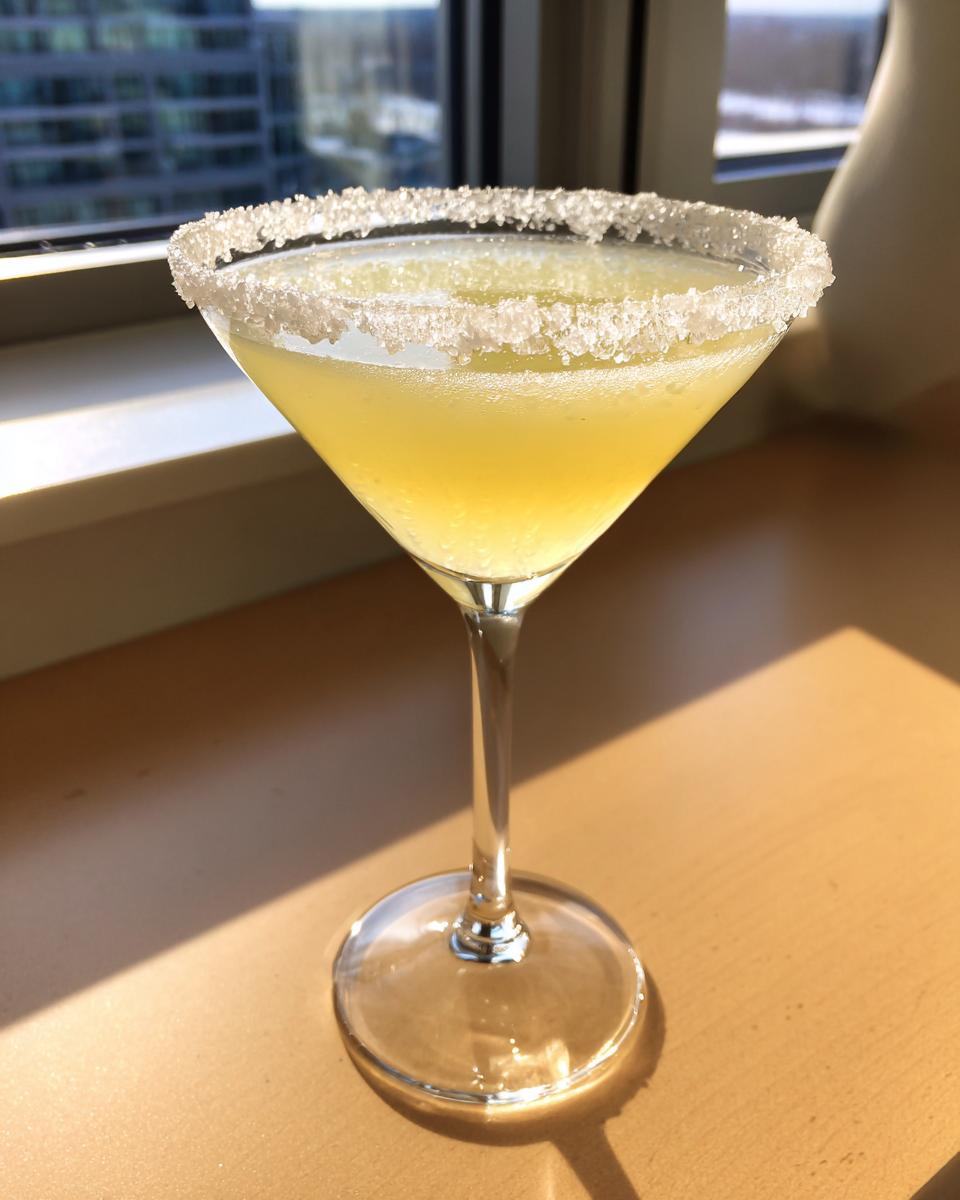 A bright yellow lemon drop cocktail in a martini glass with a thick sugar rim, sitting on a sunlit counter.
