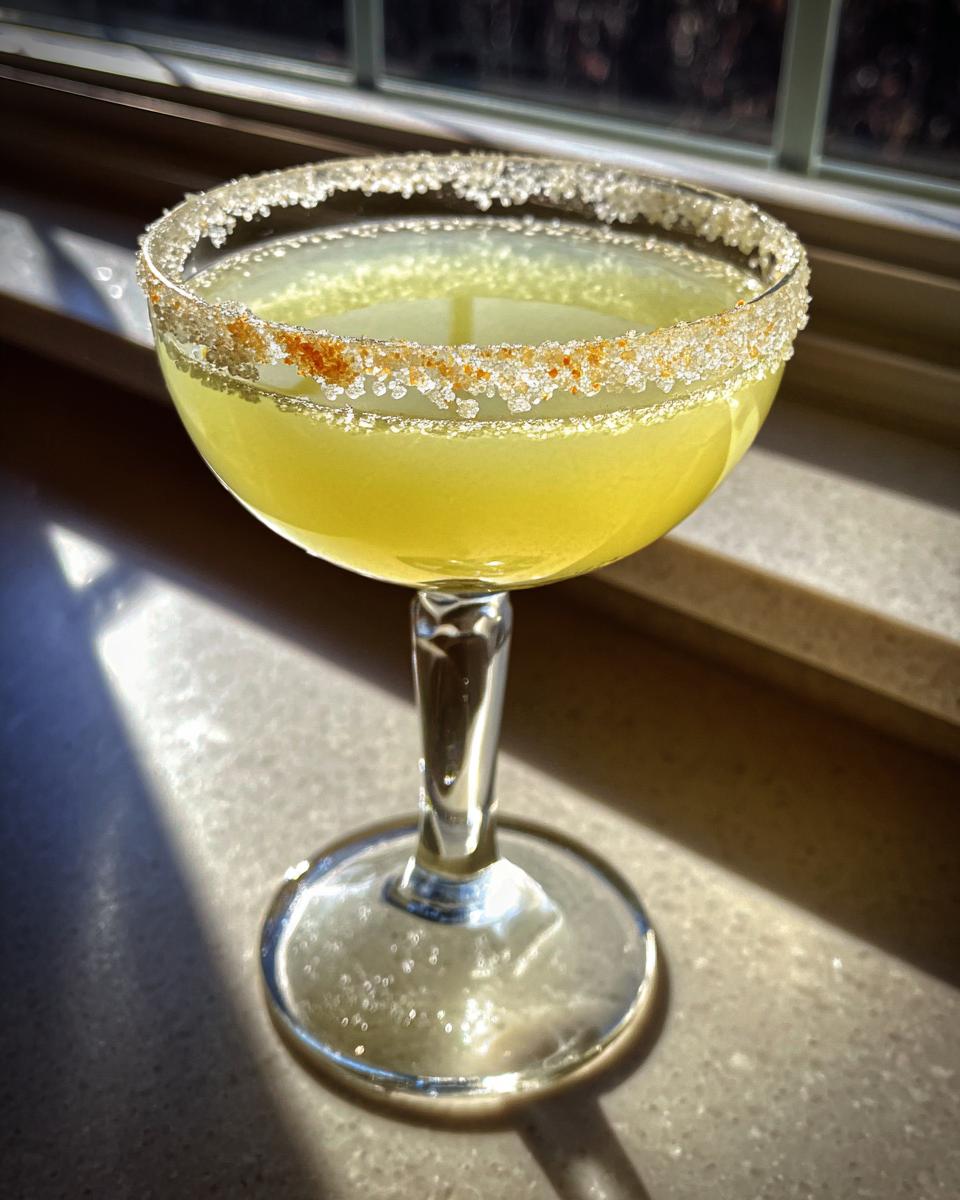 A bright yellow lemon drop cocktail served in a coupe glass with a sugar and spice rim.