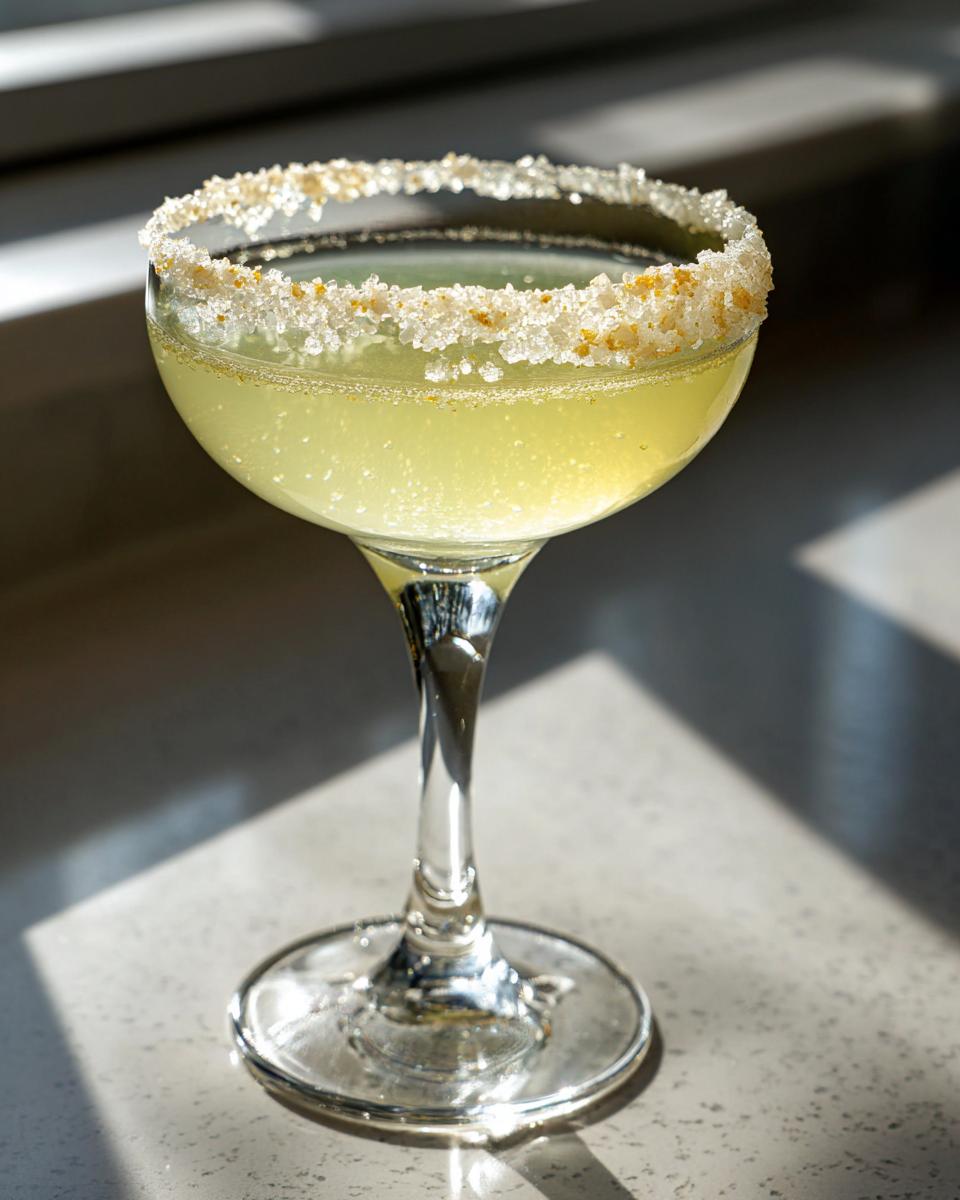 A bright yellow lemon drop cocktail served in a coupe glass with a thick, sparkling sugar rim.