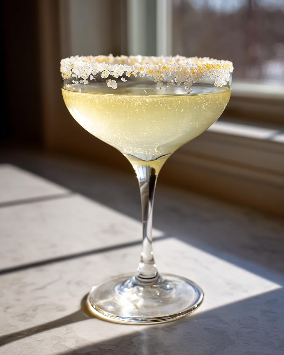 A bright yellow lemon drop cocktail served in a stemmed coupe glass with a thick sugar rim.