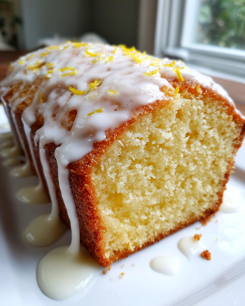 A close-up of a moist lemon pound cake drizzled with thick white glaze and topped with bright yellow lemon zest.