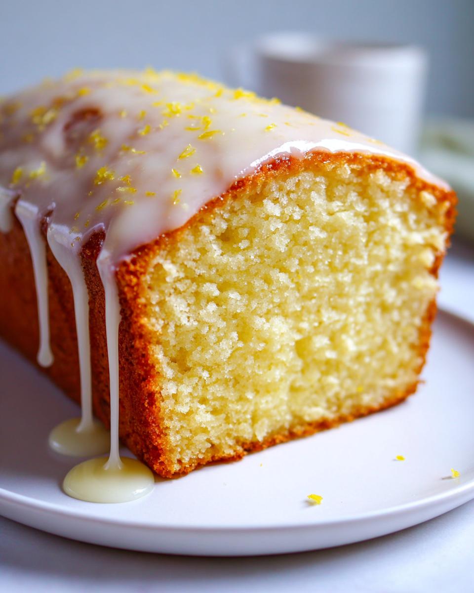 A close-up of a slice of moist lemon pound cake topped with a thick, dripping lemon glaze and zest.