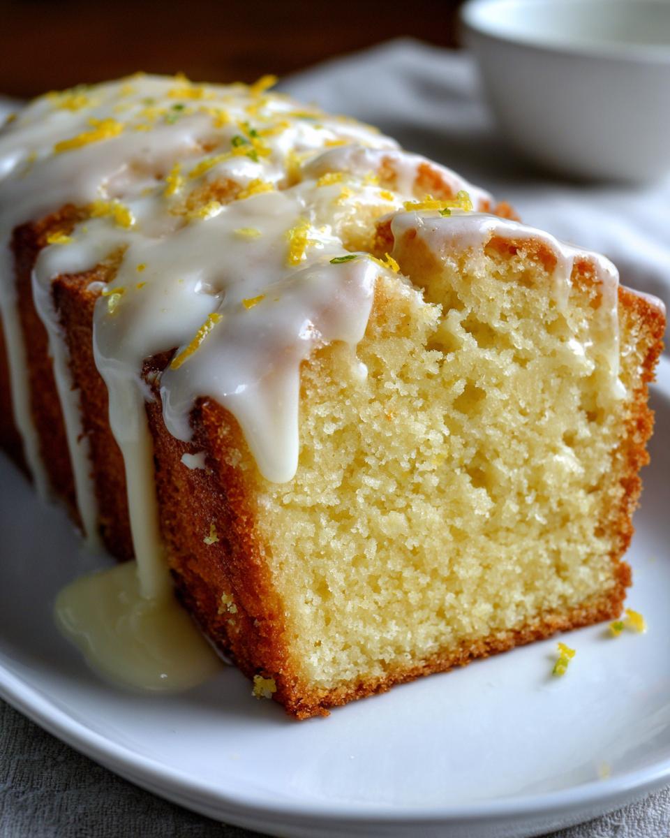 A close-up of a slice cut from a moist lemon pound cake, generously topped with white glaze and lemon zest.