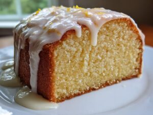 A close-up of a moist slice of lemon pound cake topped with thick white glaze and lemon zest.