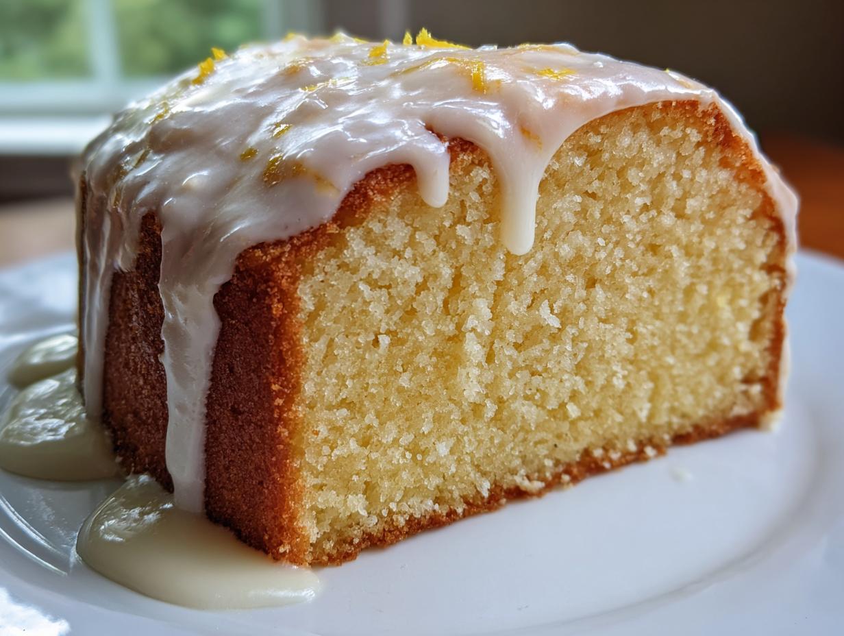 A close-up of a moist slice of lemon pound cake topped with thick white glaze and lemon zest.