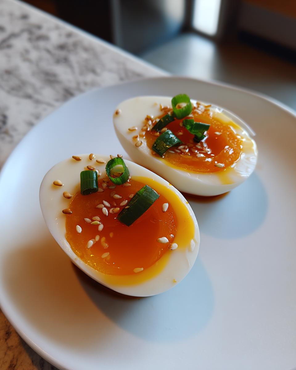 Two halves of soft-boiled marinated eggs showing bright orange, jammy yolks, topped with sesame seeds and scallions.