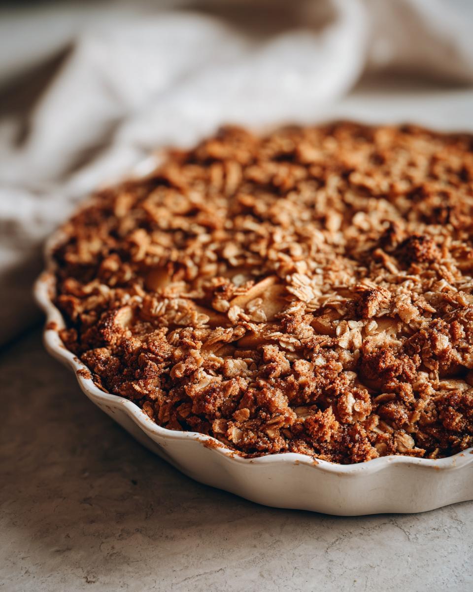 Close-up of a golden brown, baked apple crisp with an oat topping in a scalloped white baking dish.