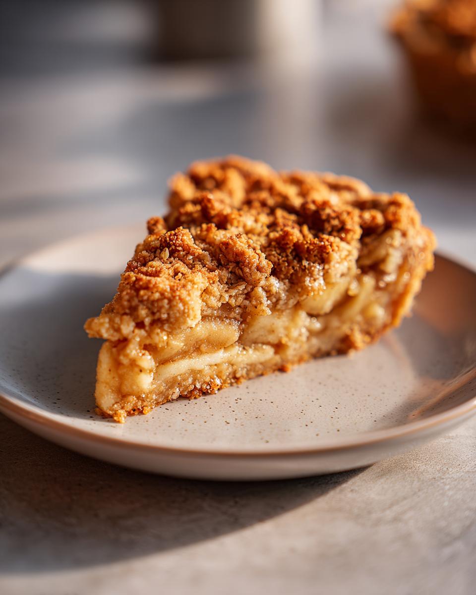 A close-up of a thick slice of apple crisp showing tender baked apples and a crunchy oat topping on a speckled plate.