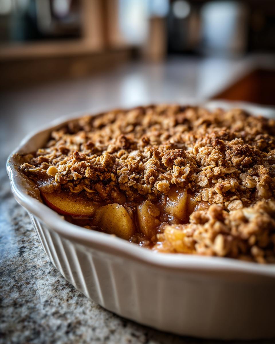 A close-up, slightly angled shot of a freshly baked apple crisp with a thick, crunchy oat topping in a white ceramic dish.