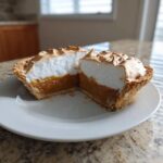 A slice of butterscotch pie cut in half showing the rich filling and tall, toasted meringue topping.