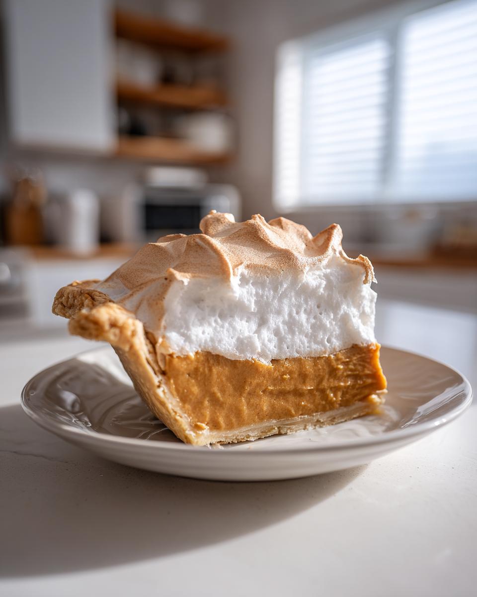 A thick slice of butterscotch pie with a creamy filling and toasted meringue topping on a white plate.