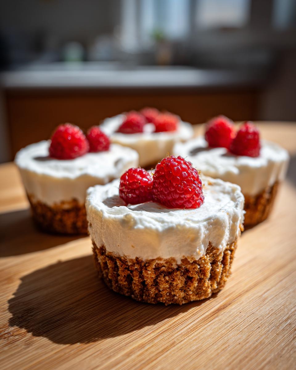 A close-up of a delicious mini cheesecake topped with fresh raspberries, sitting on a wooden board.
