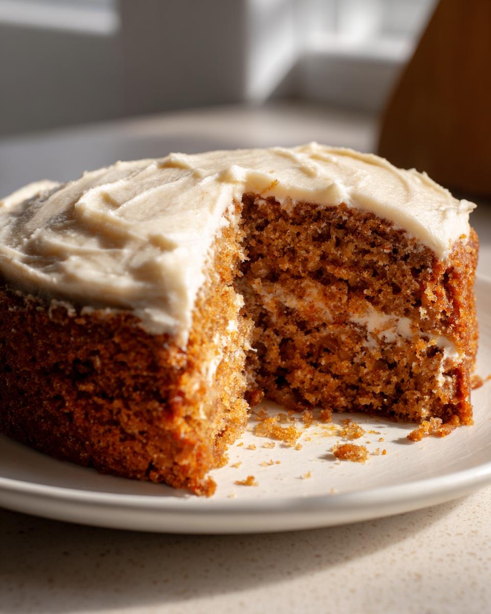 Close-up of a moist, round applesauce cake with a slice removed, topped with thick white frosting.