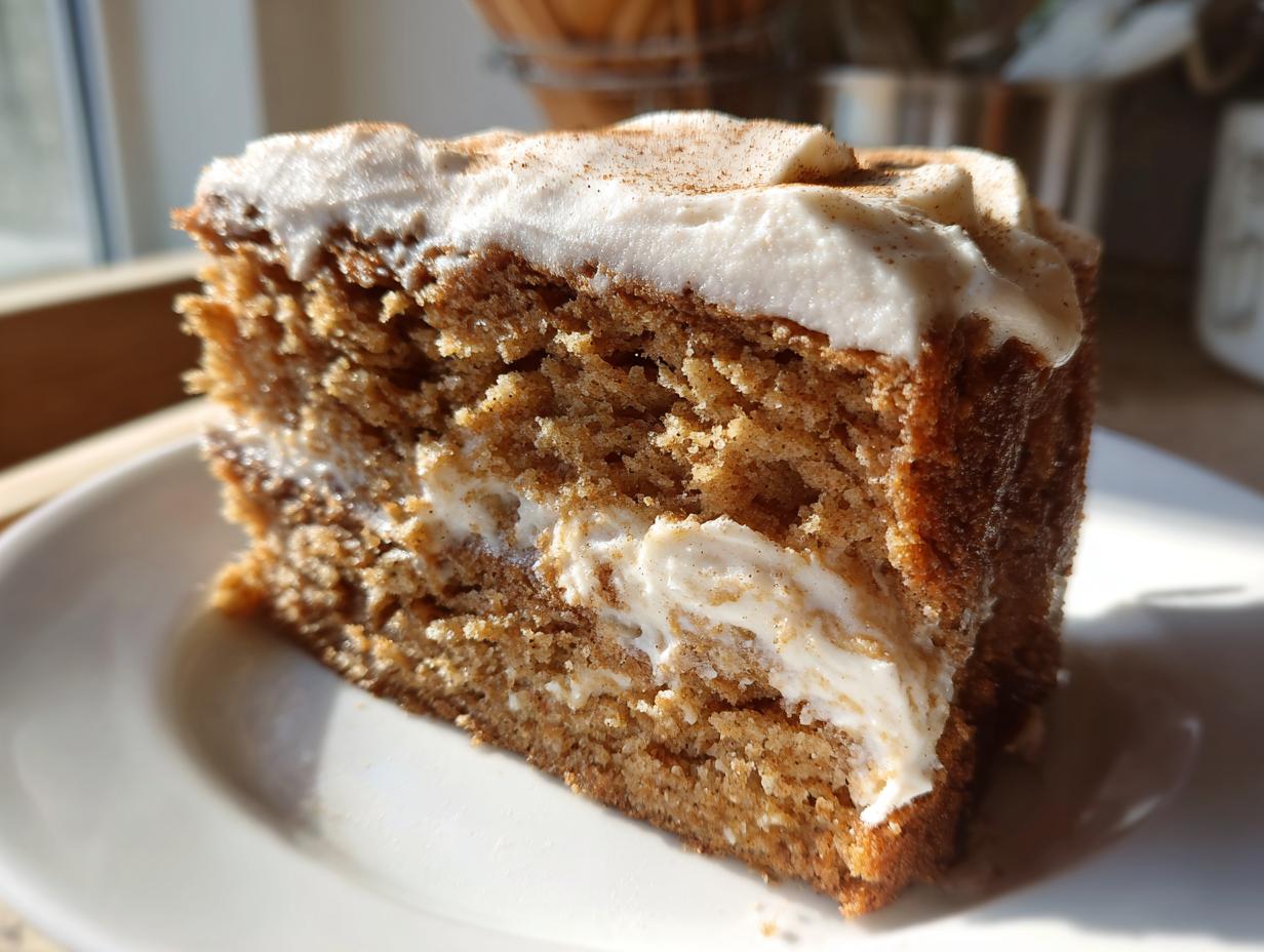 Close-up of a moist slice of applesauce cake with cream cheese frosting, dusted with cinnamon.