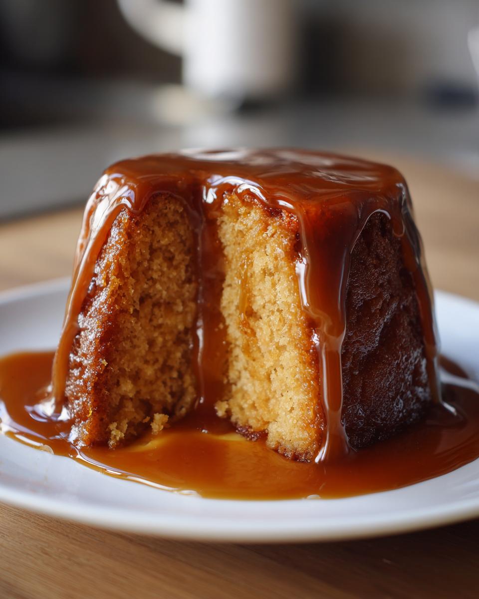 Close-up of a moist single-serving Bacardi rum cake with a slice removed, generously covered in dripping caramel sauce.