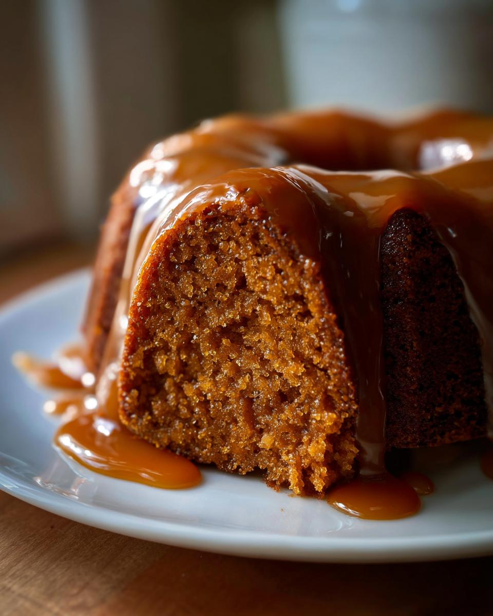 Close-up of a moist slice of Bacardi Rum Cake covered in rich caramel sauce dripping onto a white plate.