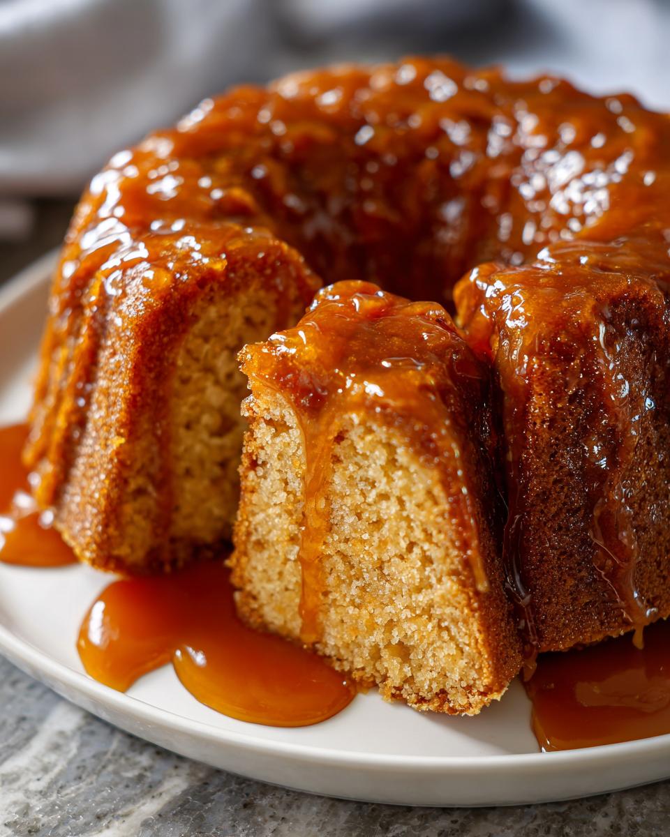 A close-up of a slice cut from a moist Bacardi rum cake, heavily drizzled with a thick, glossy caramel glaze.