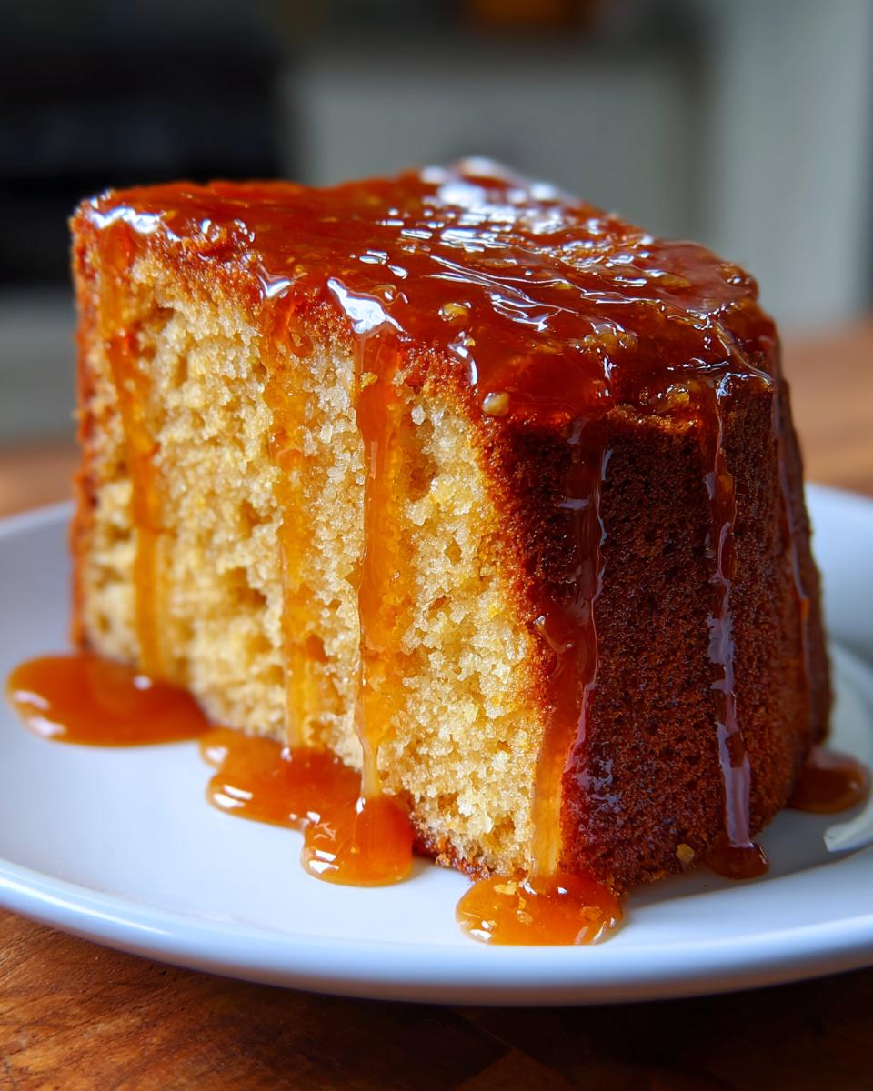 A close-up of a moist slice of Bacardi rum cake generously covered in dripping caramel glaze.