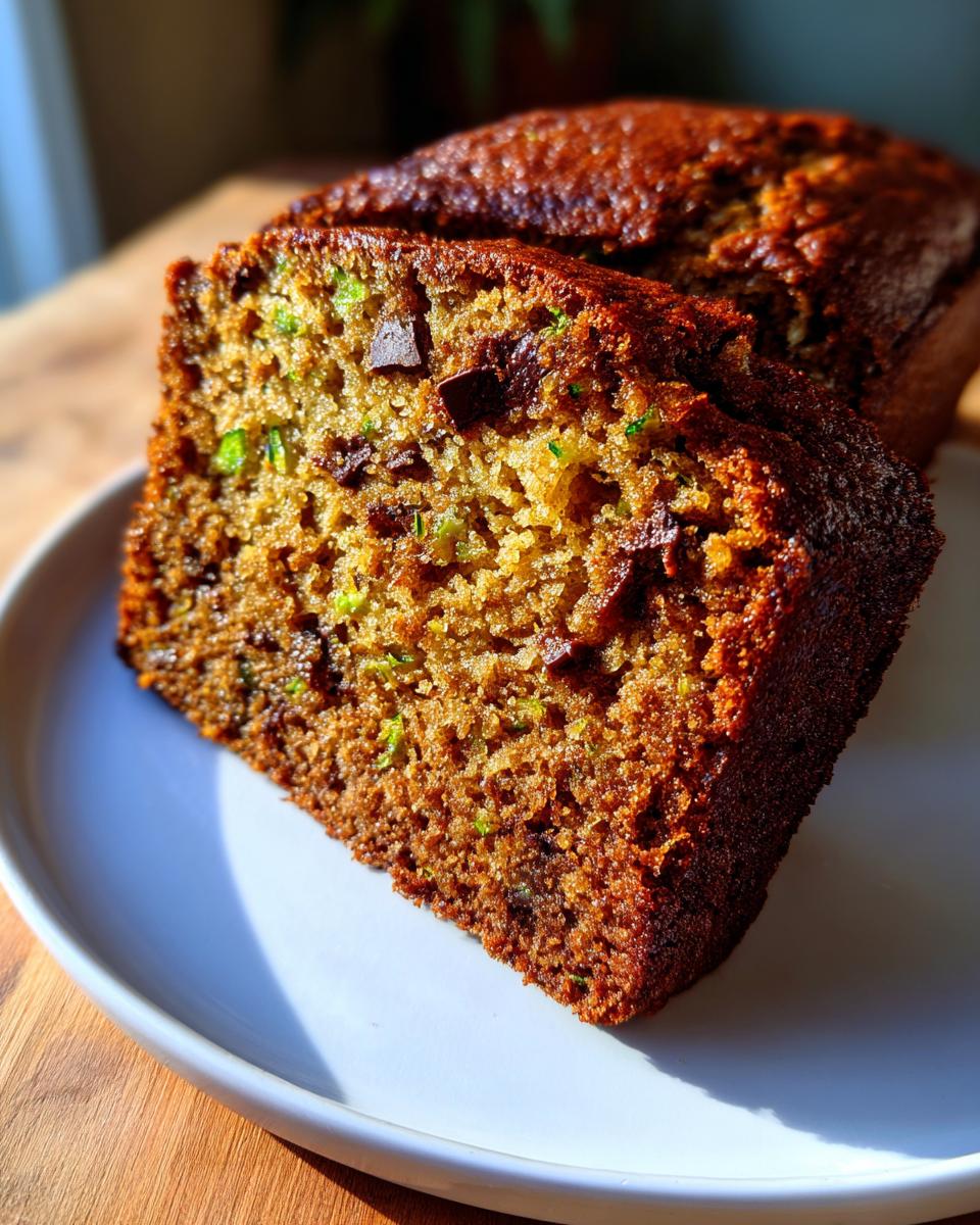 Close-up of a moist slice of banana zucchini bread with visible chocolate chips and shredded zucchini.