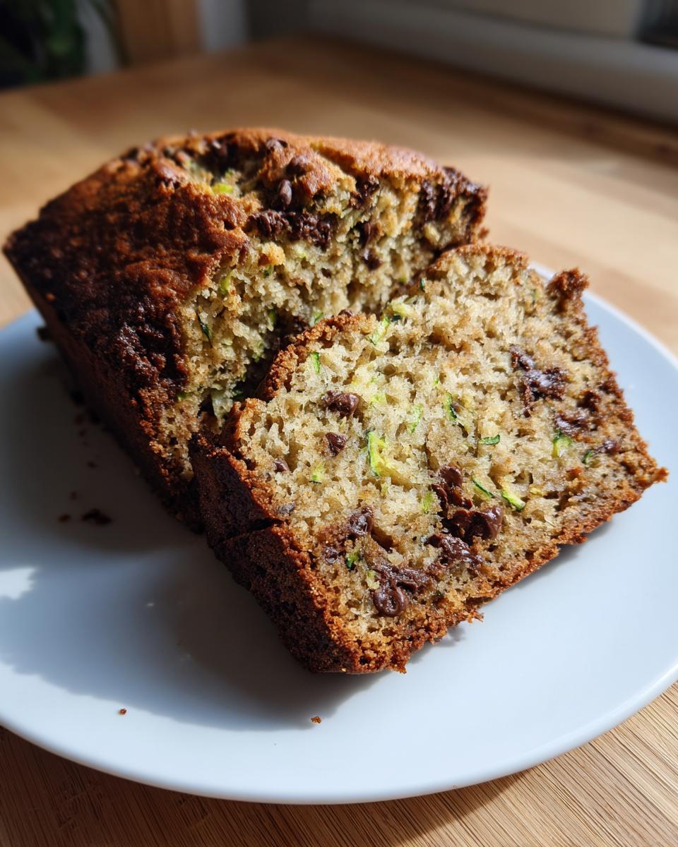 A loaf of moist banana zucchini bread, sliced to show chocolate chips and green zucchini shreds.
