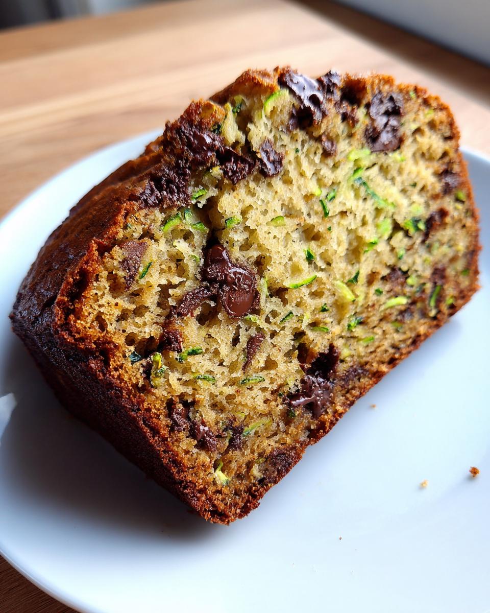 Close-up of a moist slice of banana zucchini bread packed with chocolate chips and shredded green zucchini.