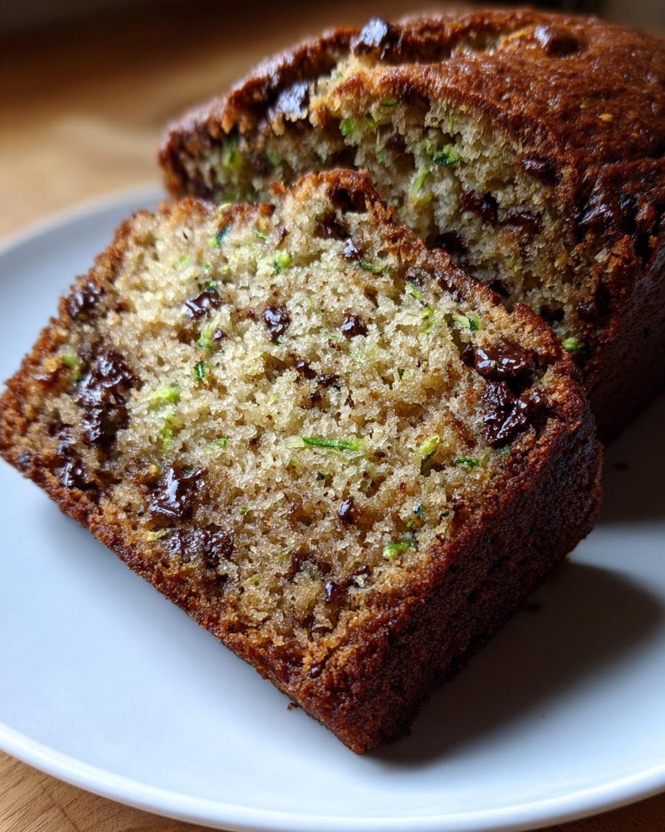 Close-up of a moist slice of banana zucchini bread filled with melted chocolate chips and flecks of green zucchini.