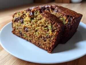 Two thick slices of moist banana zucchini bread showing shredded green zucchini and chocolate chips, served on a white plate.
