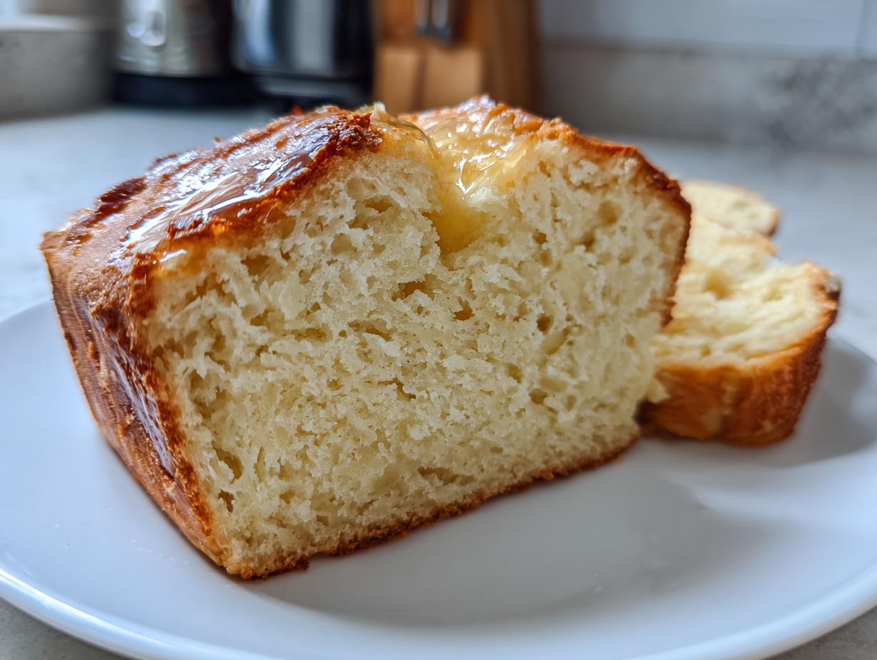 Close-up of a thick slice of fluffy beer bread, drizzled with a shiny glaze, served on a white plate.