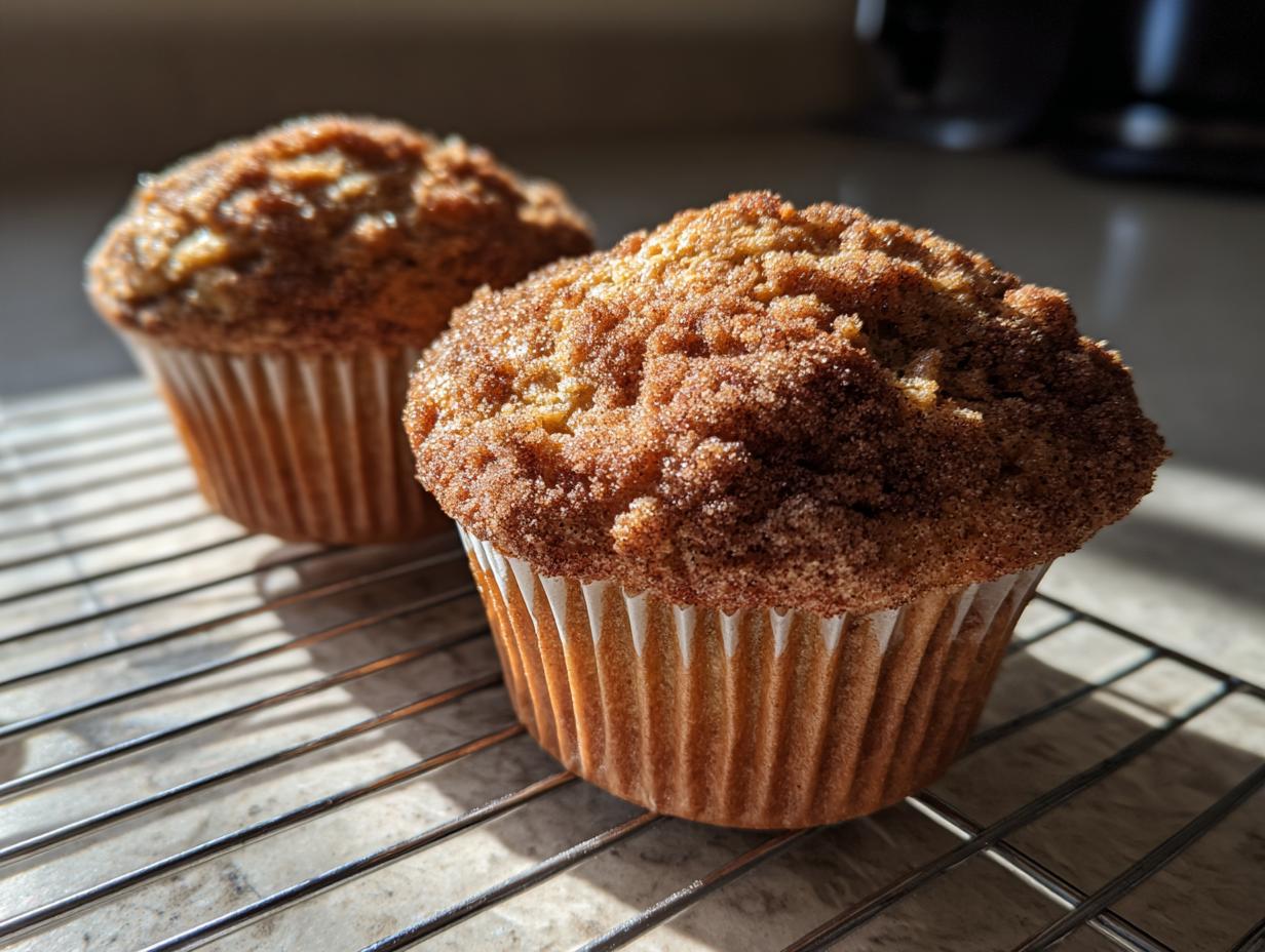 Two freshly baked bran muffins with a thick cinnamon sugar topping cooling on a wire rack.