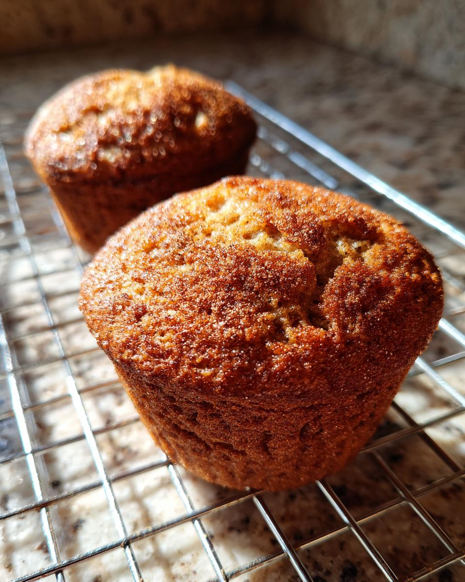 Two freshly baked, golden-brown bran muffins cooling on a metal wire rack with a speckled countertop background.