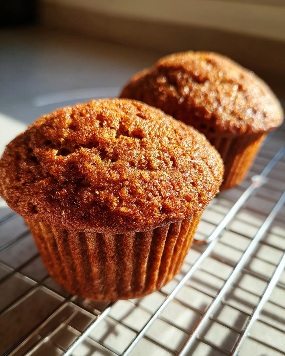 Close-up of two freshly baked, moist bran muffins cooling on a wire rack in warm sunlight.