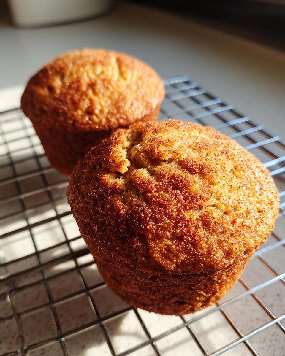 Two freshly baked bran muffins with a cinnamon-sugar topping cooling on a wire rack in bright sunlight.