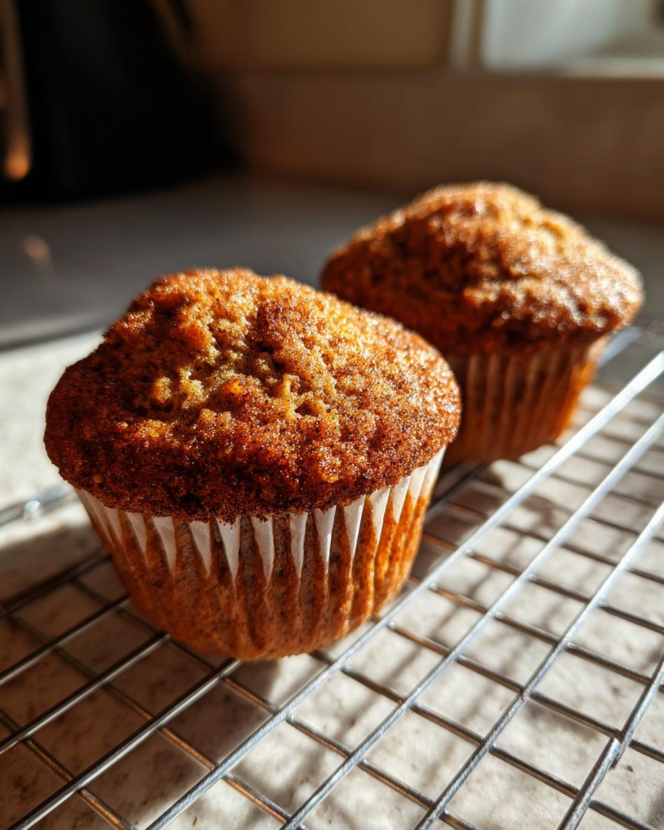 Two freshly baked, moist bran muffins cooling on a wire rack, highlighted by warm sunlight.
