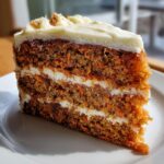 Close-up of a thick slice of moist carrot cake recipe with three layers of cake and cream cheese frosting.