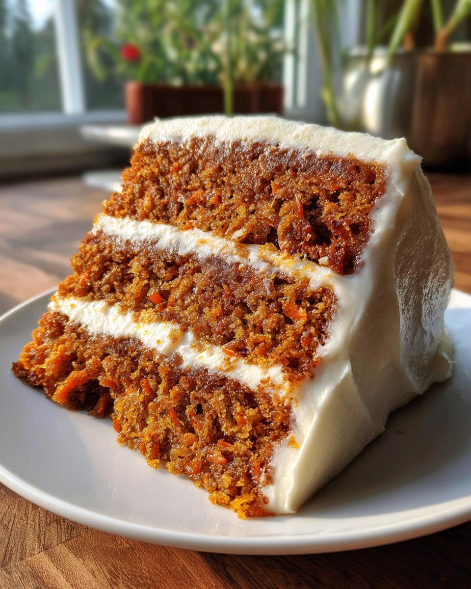 Close-up of a moist slice of carrot cake recipe with two layers and thick cream cheese frosting.