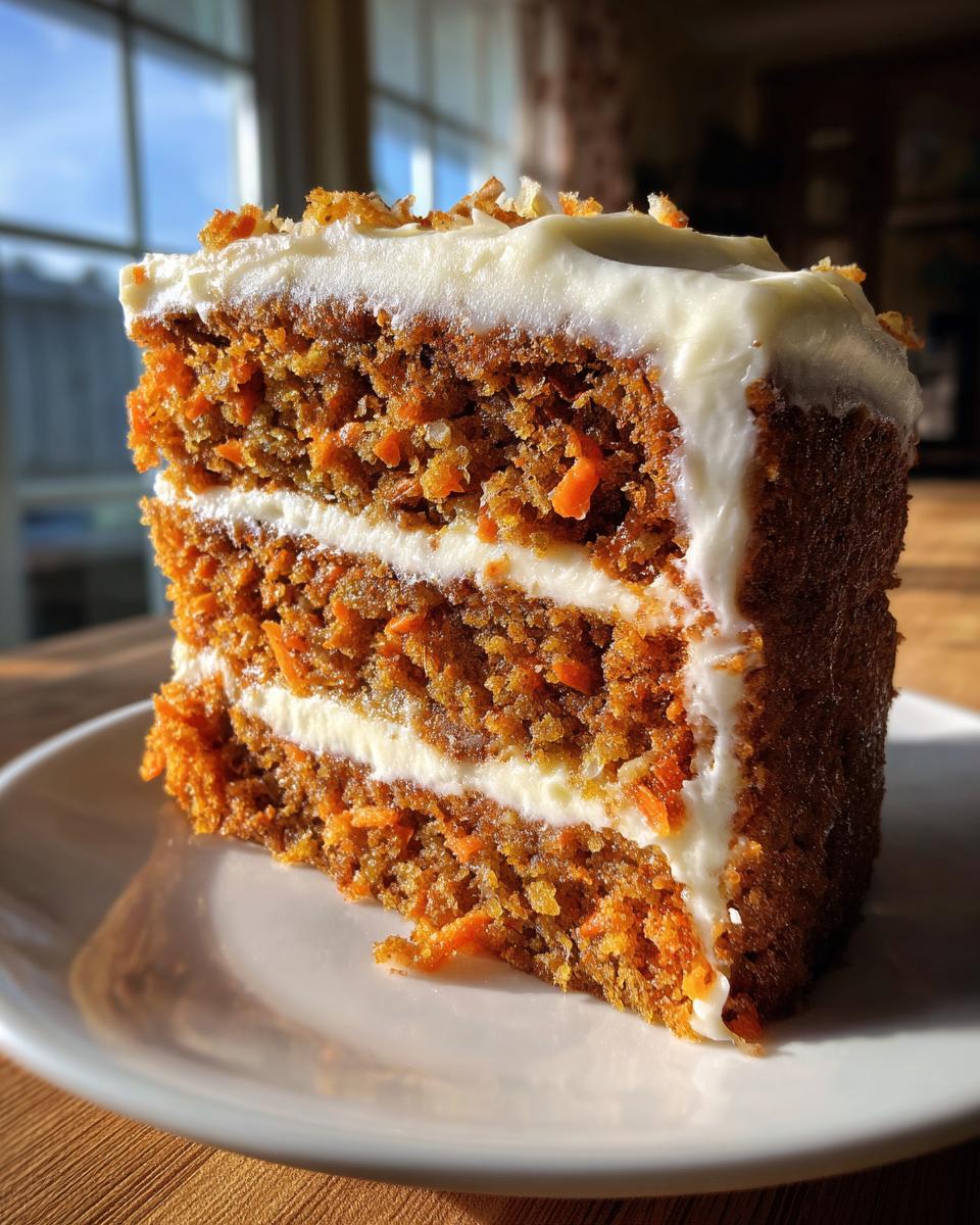 Close-up of a thick slice of moist carrot cake recipe with three layers and cream cheese frosting.