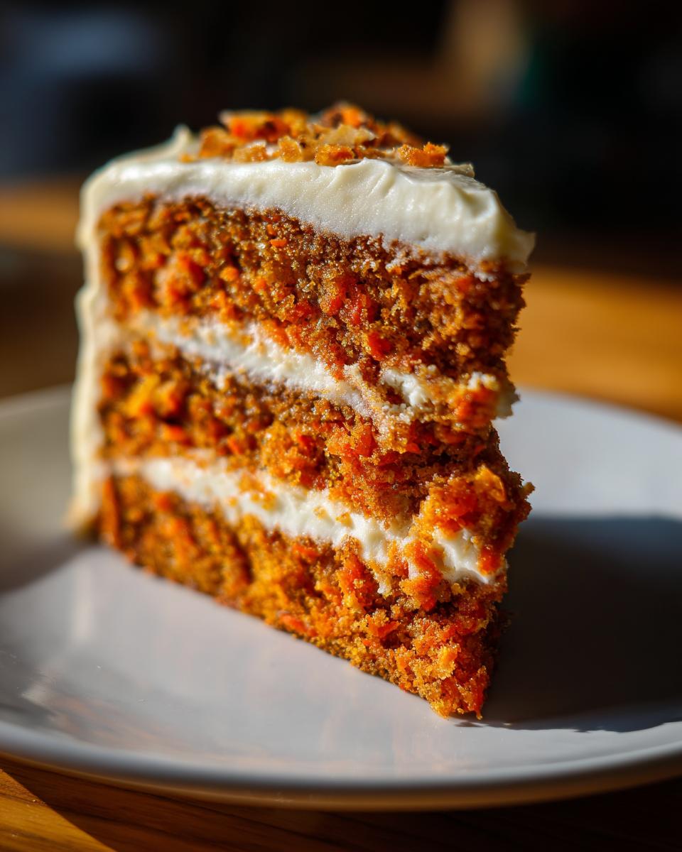 Close-up of a tall, moist carrot cake recipe slice showing three layers of textured orange cake and cream cheese frosting.