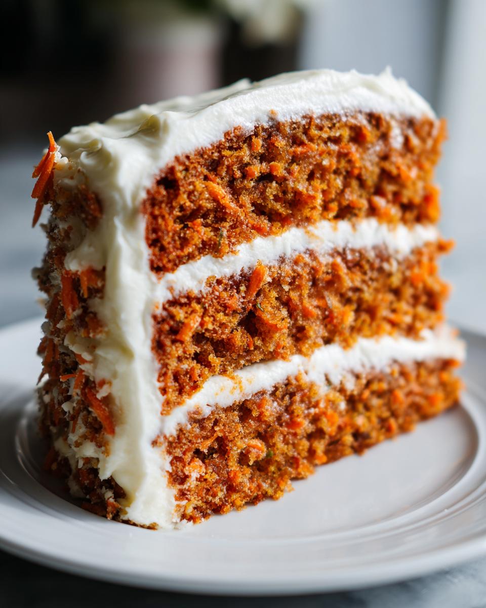 A tall slice of moist carrot cake recipe showing three layers of spiced cake and thick cream cheese frosting.