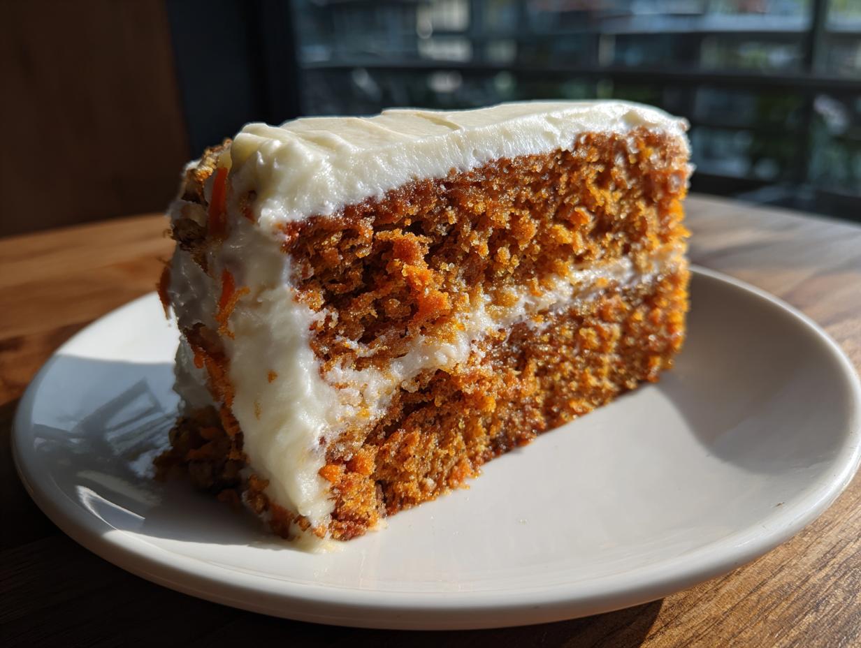A close-up, sunlit slice of moist carrot cake recipe with thick cream cheese frosting layers.