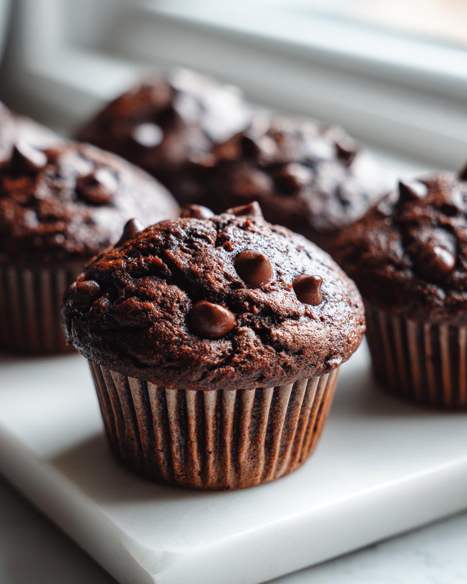 Close-up of a freshly baked, dark chocolate zucchini muffins topped with melted chocolate chips.