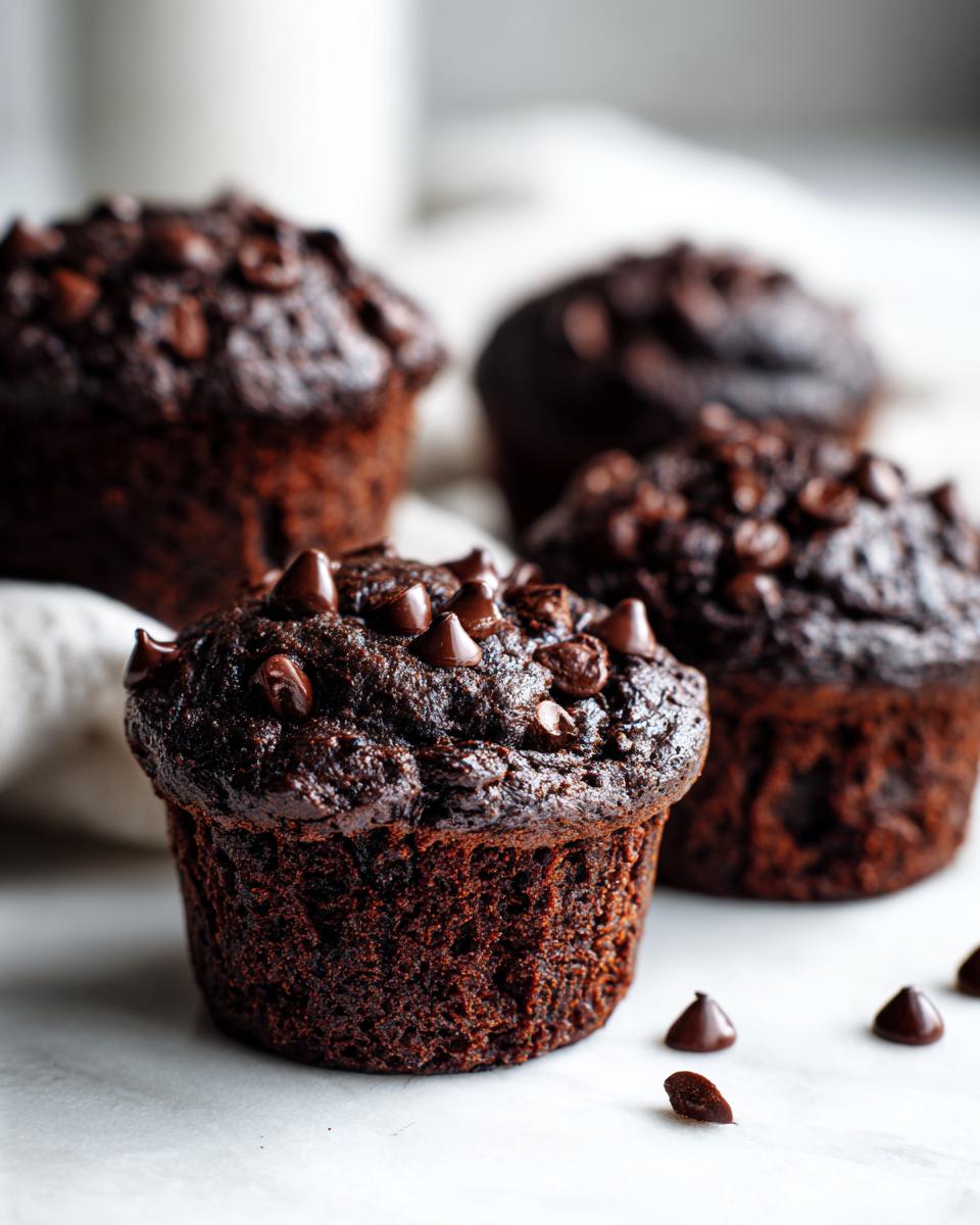 Close-up of several rich, dark chocolate zucchini muffins generously topped with chocolate chips.