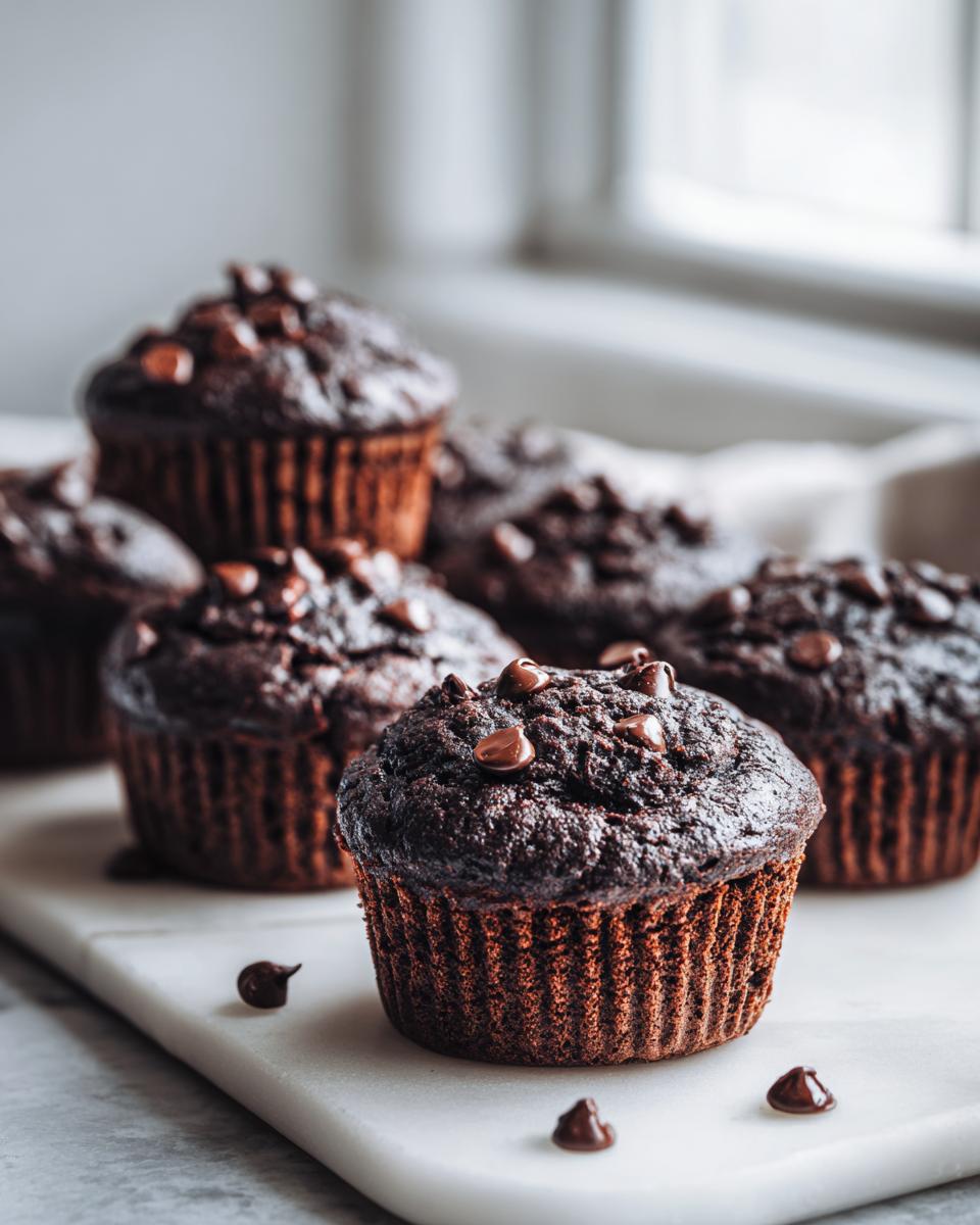 A close-up of several rich, dark chocolate zucchini muffins topped with chocolate chips, sitting on a white marble surface.