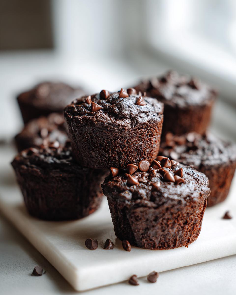 A stack of dark, moist chocolate zucchini muffins topped generously with chocolate chips, displayed on a white surface.