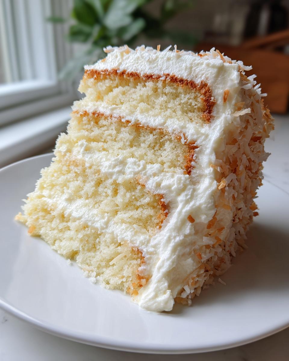 A tall slice of moist coconut cake recipe showing three layers of white cake, cream cheese frosting, and toasted coconut flakes.