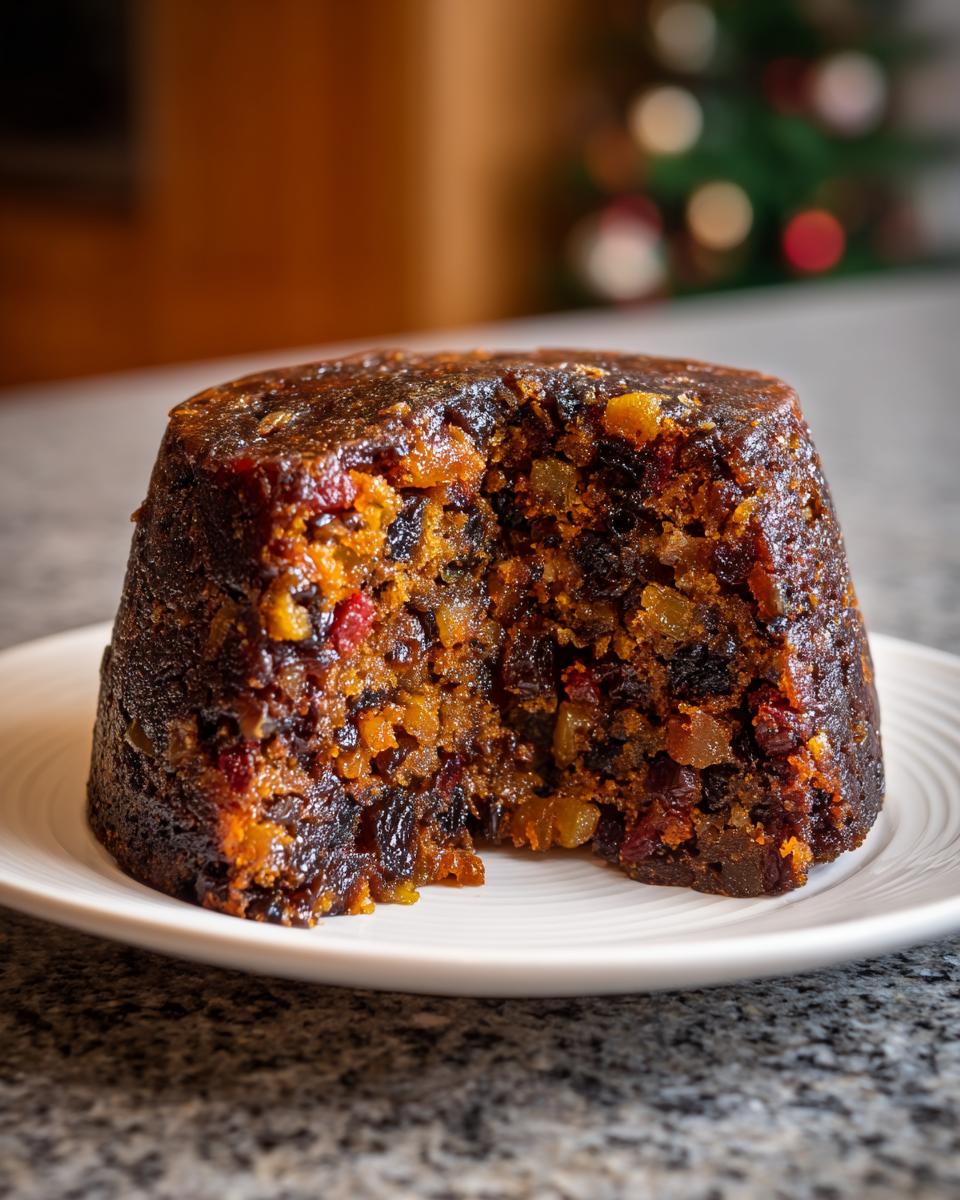 Close-up of a rich, dark, moist fruit cake sitting on a white plate, showing the dense interior packed with dried fruits.