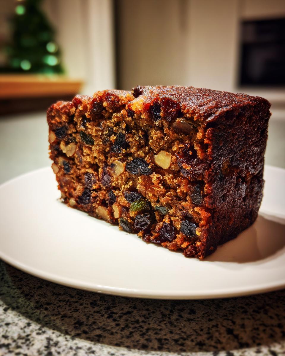 Close-up of a thick, moist slice of fruit cake packed with dried fruit and nuts, served on a white plate.