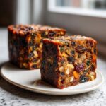 Close-up of a dense, moist slice of fruit cake packed with dried fruits and nuts, sitting on a white plate.