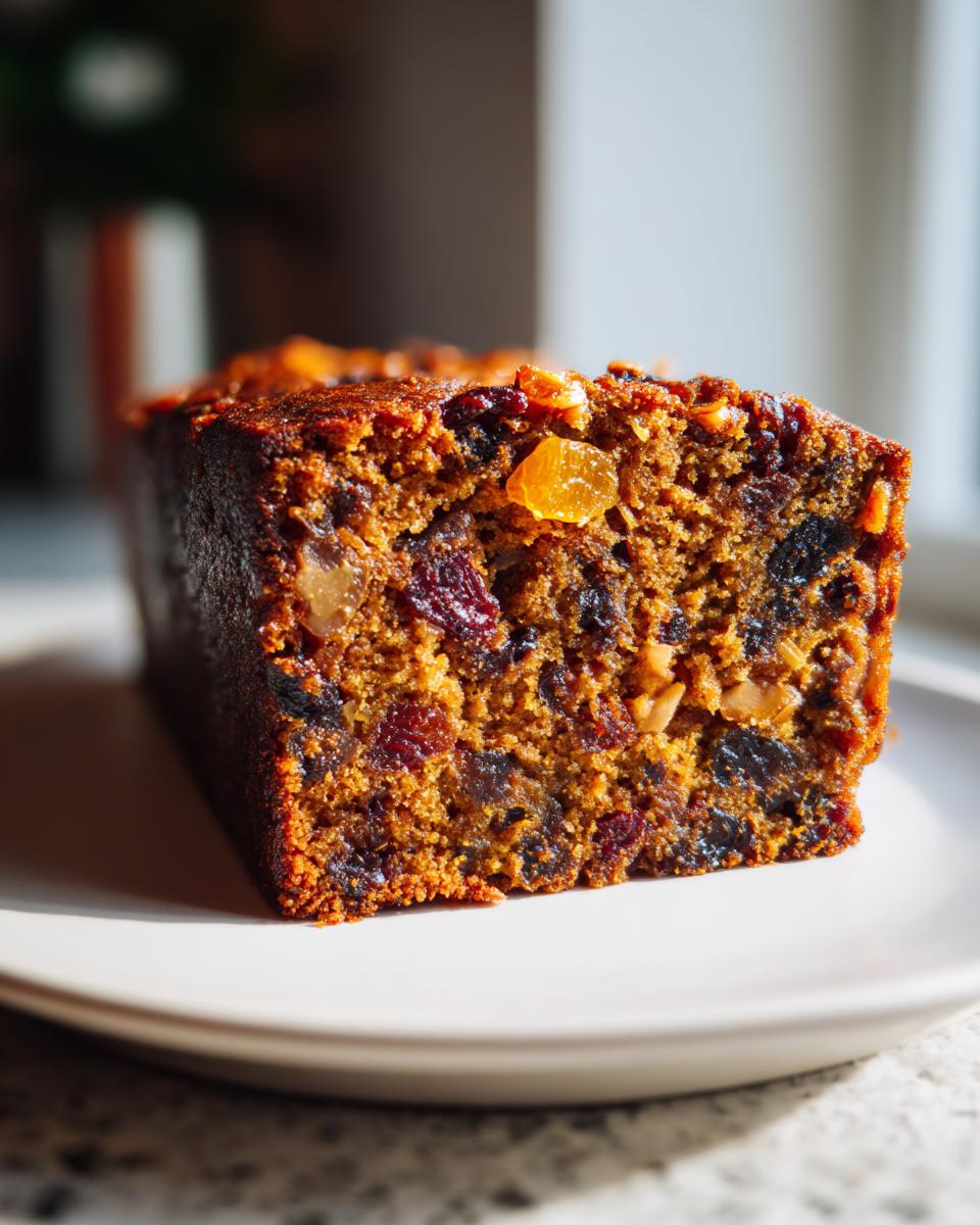 Close-up of a moist slice of homemade fruit cake showing rich texture, dried cranberries, and candied orange peel.