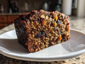Close-up of a moist, dark slice of fruit cake loaded with dried fruits and nuts, resting on a white plate.