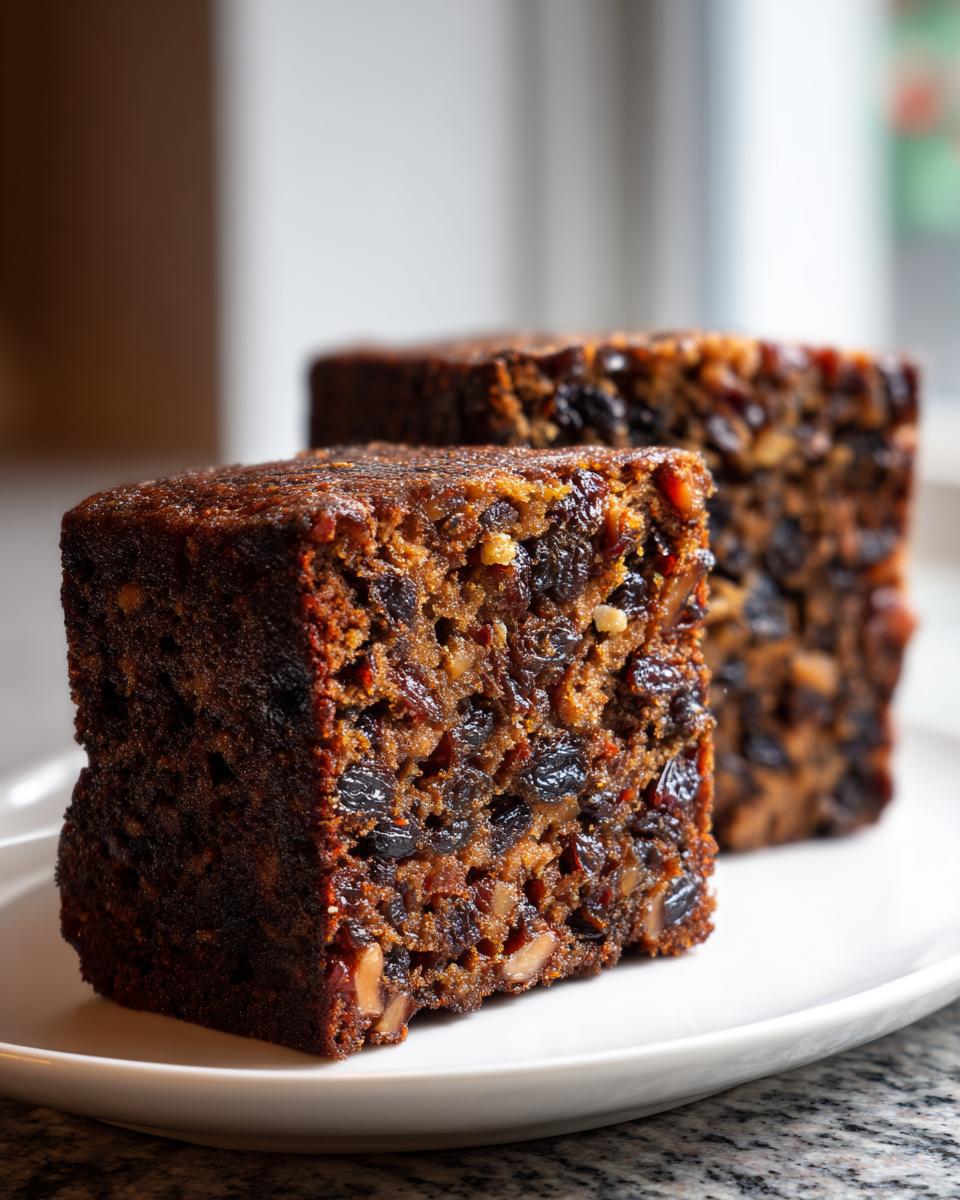Close-up of two moist slices of rich fruit cake packed with dried fruit and nuts, served on a white plate.